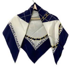 Auth CHANEL - Navy White Gold Scarf